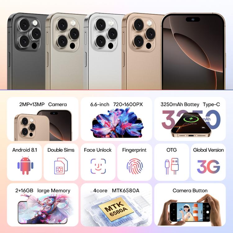A88 / i16 Pro Max, 2GB+16GB, 6.6 inch Android 8.1 MTK6580A Quad Core, OTG, Network: 3G, Dual SIM, Plug:US Plug(Titanium Black) - free shipping - PMc TechLife - Order now!