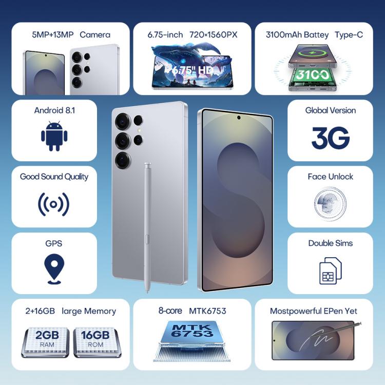 F10 / S25 Ultra, 2GB+16GB, 6.75 inch Android 8.1 MTK6753 Octa Core, Network: 3G, Dual SIM, Plug:UK Plug(Titanium Sliver) - free shipping - PMc TechLife - Order now!