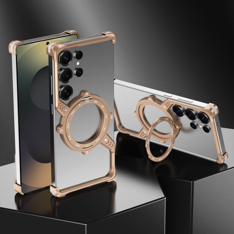 For Samsung Galaxy S22 Ultra 5G S Shaped 360 Holder Airbag Frameless MagSafe Metal Phone Case(Desert Gold) - free shipping - PMC TechLife - Order now!