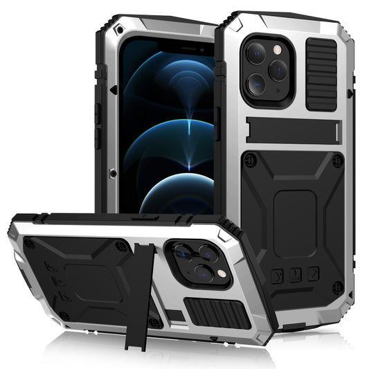 For iPhone 12 Pro Max R-JUST Shockproof Waterproof Dust-proof Metal + Silicone Protective Case with Holder(Silver) - iPhone 12 Pro Max Cases by R-JUST | Online Shopping South Africa | PMC Jewellery