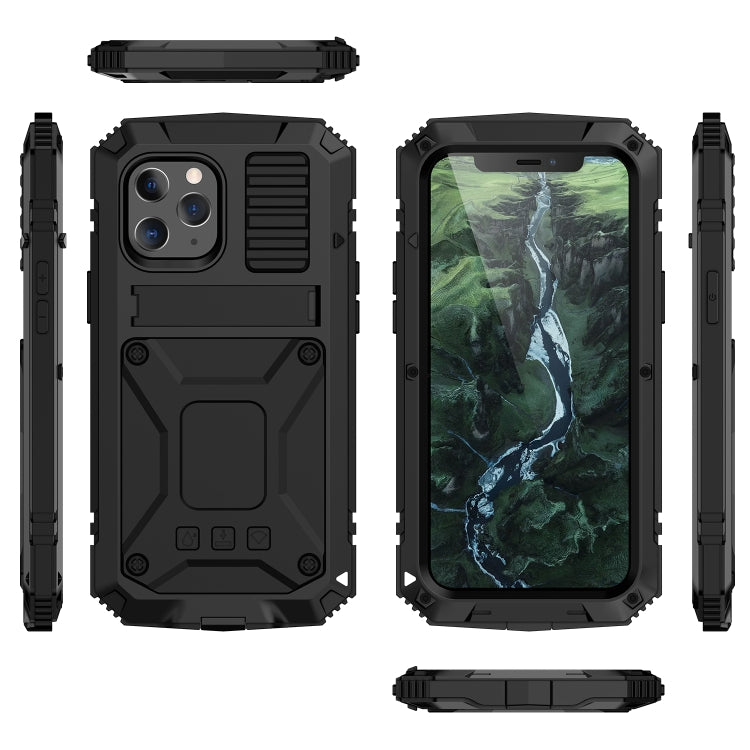 For iPhone 12 / 12 Pro R-JUST Shockproof Waterproof Dust-proof Metal + Silicone Protective Case with Holder(Black) - iPhone 12 / 12 Pro Cases by R-JUST | Online Shopping South Africa | PMC Jewellery | Buy Now Pay Later Mobicred