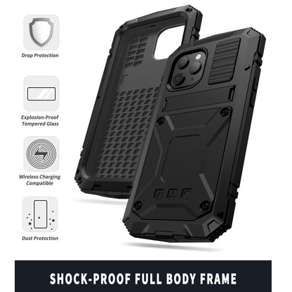 For iPhone 12 / 12 Pro R-JUST Shockproof Waterproof Dust-proof Metal + Silicone Protective Case with Holder(Black) - iPhone 12 / 12 Pro Cases by R-JUST | Online Shopping South Africa | PMC Jewellery | Buy Now Pay Later Mobicred