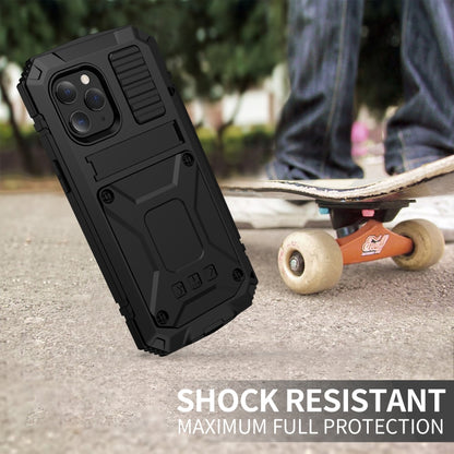 For iPhone 12 / 12 Pro R-JUST Shockproof Waterproof Dust-proof Metal + Silicone Protective Case with Holder(Black) - iPhone 12 / 12 Pro Cases by R-JUST | Online Shopping South Africa | PMC Jewellery | Buy Now Pay Later Mobicred