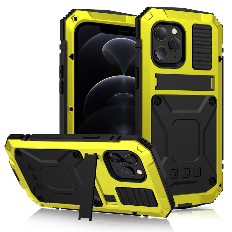 For iPhone 12 / 12 Pro R-JUST Shockproof Waterproof Dust-proof Metal + Silicone Protective Case with Holder(Yellow) - iPhone 12 / 12 Pro Cases by R-JUST | Online Shopping South Africa | PMC Jewellery | Buy Now Pay Later Mobicred