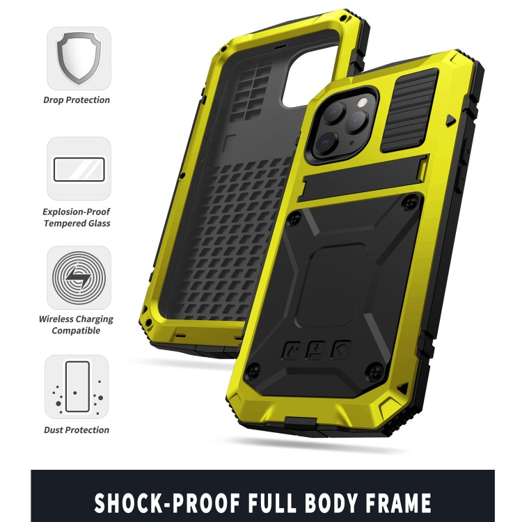 For iPhone 12 / 12 Pro R-JUST Shockproof Waterproof Dust-proof Metal + Silicone Protective Case with Holder(Yellow) - iPhone 12 / 12 Pro Cases by R-JUST | Online Shopping South Africa | PMC Jewellery | Buy Now Pay Later Mobicred