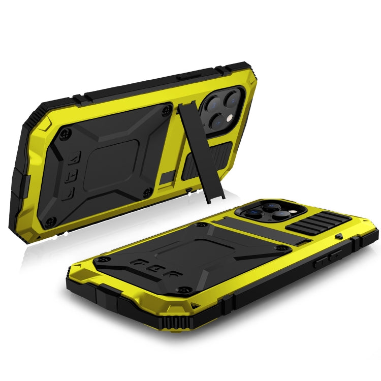 For iPhone 12 / 12 Pro R-JUST Shockproof Waterproof Dust-proof Metal + Silicone Protective Case with Holder(Yellow) - iPhone 12 / 12 Pro Cases by R-JUST | Online Shopping South Africa | PMC Jewellery | Buy Now Pay Later Mobicred