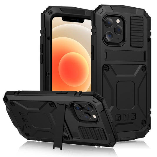 For iPhone 12 mini R-JUST Shockproof Waterproof Dust-proof Metal + Silicone Protective Case with Holder (Black) - iPhone 12 mini Cases by R-JUST | Online Shopping South Africa | PMC Jewellery | Buy Now Pay Later Mobicred