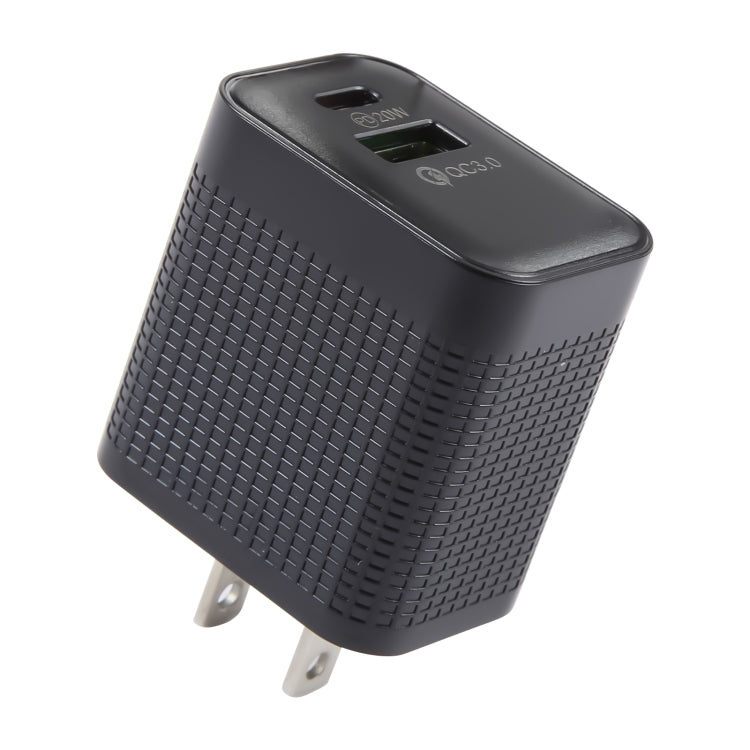 LZ-106A+C PD 20W USB-C/Type-C+QC 3.0 USB Ports Plaid Pattern Travel Charger, US Plug(Black) - USB Charger by PMC Jewellery | Online Shopping South Africa | PMC Jewellery | Buy Now Pay Later Mobicred