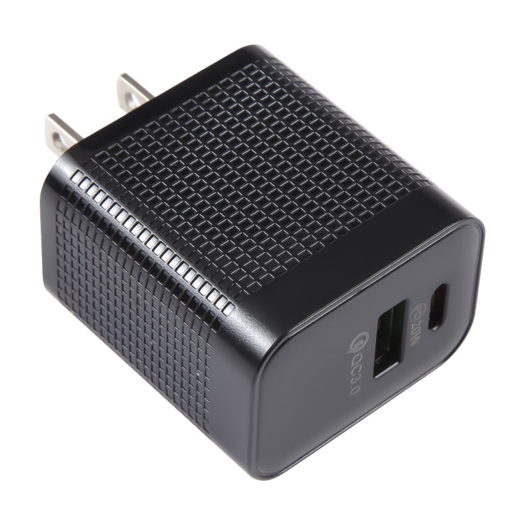 LZ-106A+C PD 20W USB-C/Type-C+QC 3.0 USB Ports Plaid Pattern Travel Charger, US Plug(Black) - USB Charger by PMC Jewellery | Online Shopping South Africa | PMC Jewellery | Buy Now Pay Later Mobicred