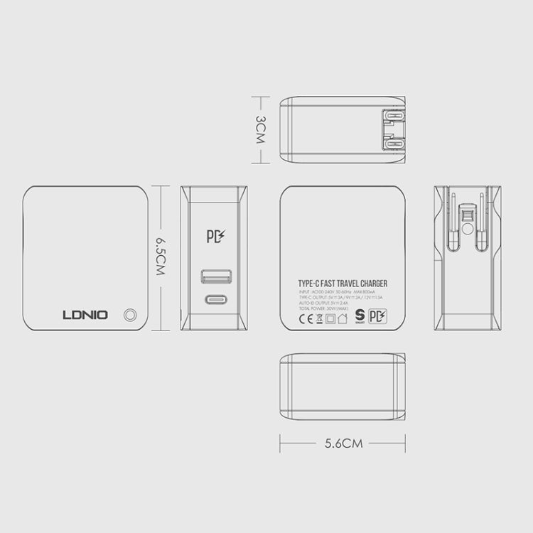 LDNIO A4403C 30W PD + Auto-id Foldable Fast Travel Charger with 1m Micro USB Cable, EU Plug - free shipping - PMC TechLife - Order now!