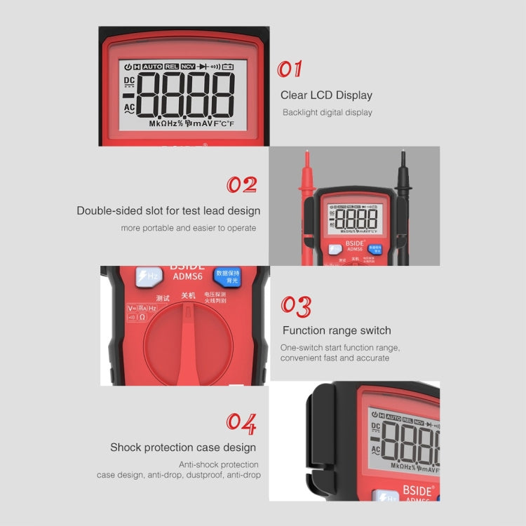 BSIDE ADMS6 High-precision Fully Automatic Small Digital Intelligent Multimeter with HD Digital Display & Shockproof Cover, Support Function Range Switch & Double-sided Pen Holder (Black) - Digital Multimeter by PMC Jewellery | Online Shopping South Africa | PMC Jewellery | Buy Now Pay Later Mobicred