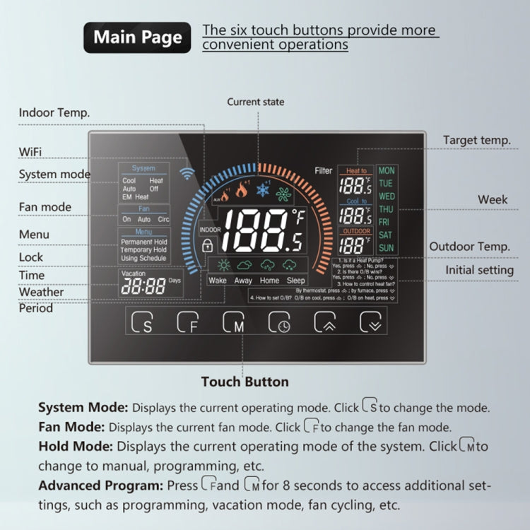 BHP-8000-WIFI-B 3H2C Smart Home Heat Pump Round Room Mirror Housing Thermostat with Adapter Plate & WiFi, AC 24V(Black) - Thermostat & Thermometer by PMC Jewellery | Online Shopping South Africa | PMC Jewellery | Buy Now Pay Later Mobicred