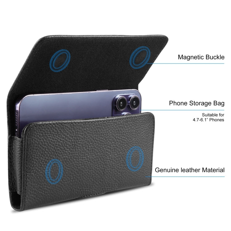 HAWEEL 4.7-6.1 inch Litchi Texture Genuine Leather Phone Belt Clip Horizontal Carrying Pouch (Black) -  by HAWEEL | Online Shopping South Africa | PMC Jewellery | Buy Now Pay Later Mobicred