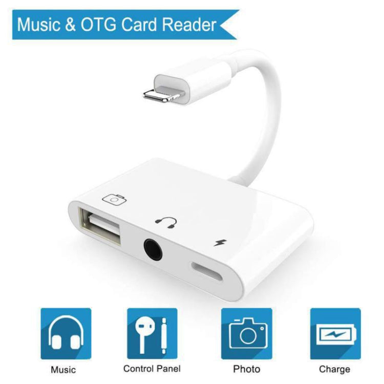 3 in 1 Multi-function 8 Pin + 3.5mm + USB 3.0 OTG to 8 Pin Male Fast Charging & Music Audio & Card Reading Adapter (White) - Converter & Adapter by PMC Jewellery | Online Shopping South Africa | PMC Jewellery