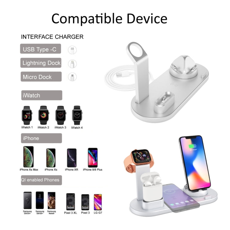 HQ-UD15 5 in 1 8 Pin + Micro USB + USB-C / Type-C Interfaces + 8 Pin Earphone Charging Interface + Wireless Charging Charger Base with Watch Stand(Silver) - Multifunction Charger by PMC Jewellery | Online Shopping South Africa | PMC Jewellery | Buy Now Pay Later Mobicred