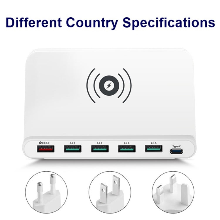 828W 7 in 1 60W QC 3.0 USB Interface + 4 USB Ports + USB-C / Type-C Interface + Wireless Charging Multi-function Charger with Mobile Phone Holder Function, US Plug(White) - free shipping - PMC Jewellery - Order now!