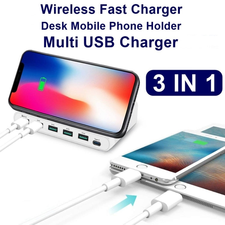 828W 7 in 1 60W QC 3.0 USB Interface + 4 USB Ports + USB-C / Type-C Interface + Wireless Charging Multi-function Charger with Mobile Phone Holder Function, US Plug(White) - free shipping - PMC Jewellery - Order now!