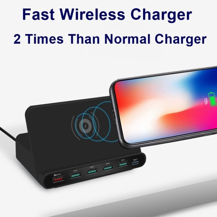 828W 7 in 1 60W QC 3.0 USB Interface + 4 USB Ports + USB-C / Type-C Interface + Wireless Charging Multi-function Charger with Mobile Phone Holder Function, US Plug(White) - free shipping - PMC Jewellery - Order now!