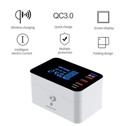 CDA33QW 40W QC 3.0 USB Ports + 3 USB Ports + USB-C / Type-C Ports + Wireless Charging Multi-function Foldable Charger with LED Display, EU Plug - Multifunction Charger by PMC Jewellery | Online Shopping South Africa | PMC Jewellery | Buy Now Pay Later Mobicred