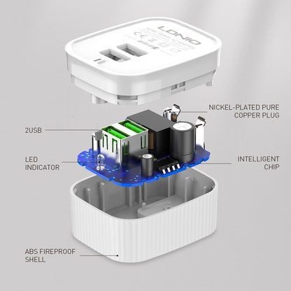 LDNIO A201 2.4A Dual USB Charging Head Travel Direct Charge Mobile Phone Adapter Charger With Micro USB Data Cable(US Plug) - USB Charger by LDNIO | Online Shopping South Africa | PMC Jewellery | Buy Now Pay Later Mobicred