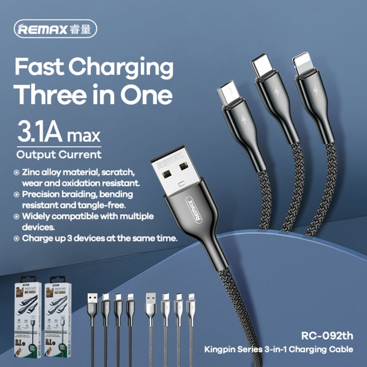 REMAX RC-092th Kingpin Series 3.1A 3 in 1 USB to Micro USB + Type-C + 8 Pin Charging Cable, Cable Length: 1.2m(Black) - Multifunction Cable by REMAX | Online Shopping South Africa | PMC Jewellery | Buy Now Pay Later Mobicred