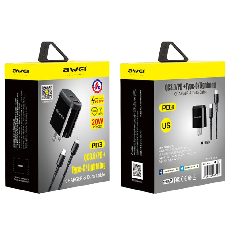 awei PD3 20W PD Type-C + QC 3.0 USB Interface Fast Charging Travel Charger with Data Cable, US Plug - USB Charger by awei | Online Shopping South Africa | PMC Jewellery | Buy Now Pay Later Mobicred