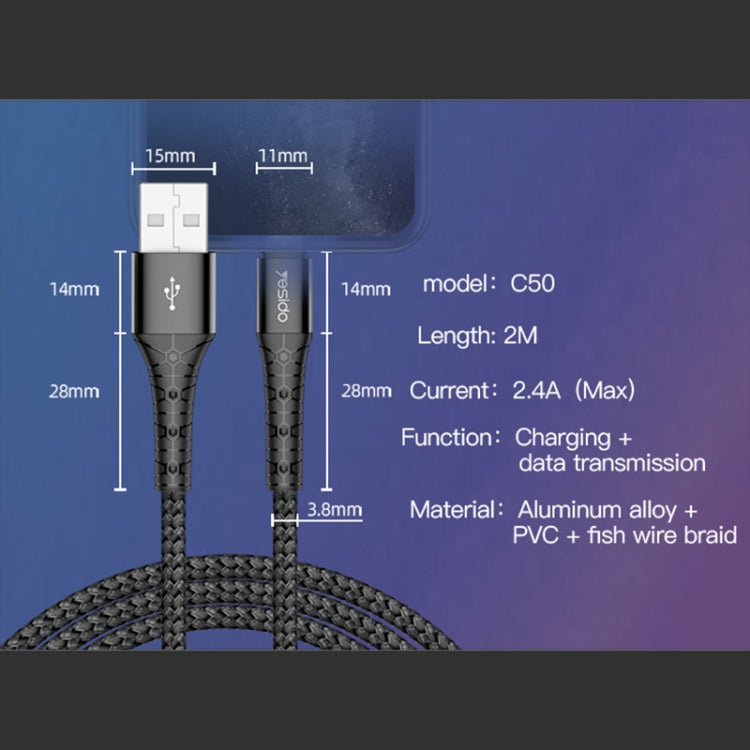 Yesido CA50 2.4A USB to 8 Pin Charging Cable, Length: 2m - Normal Style Cable by Yesido | Online Shopping South Africa | PMC Jewellery | Buy Now Pay Later Mobicred