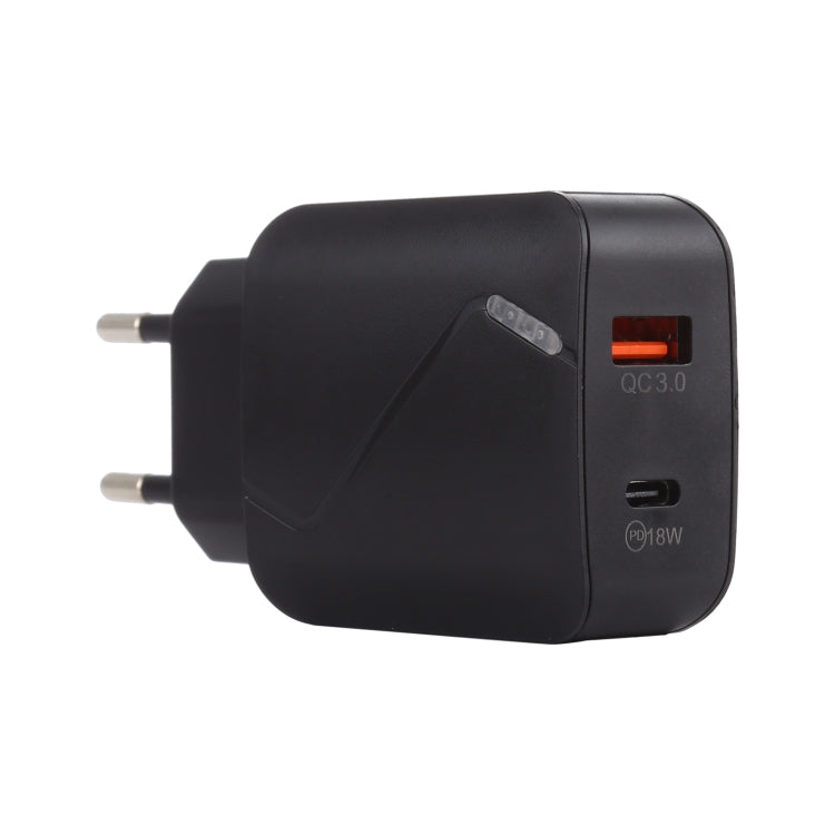 LZ-819A+C QC3.0 USB + PD 18W USB-C / Type-C Interfaces Travel Charger with Indicator Light, EU Plug (Black) - USB Charger by PMC Jewellery | Online Shopping South Africa | PMC Jewellery | Buy Now Pay Later Mobicred