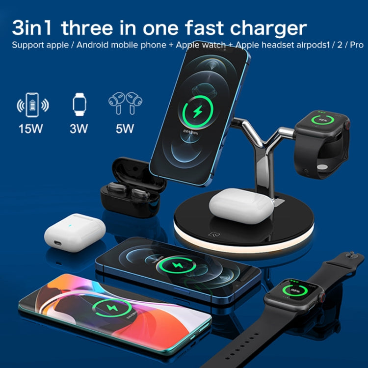 3 in 1 15W Multi-function Magnetic Wireless Charger for Mobile Phones & Apple Watches & AirPods, with Colorful LED Light(White) - Wireless Charger by PMC Jewellery | Online Shopping South Africa | PMC Jewellery