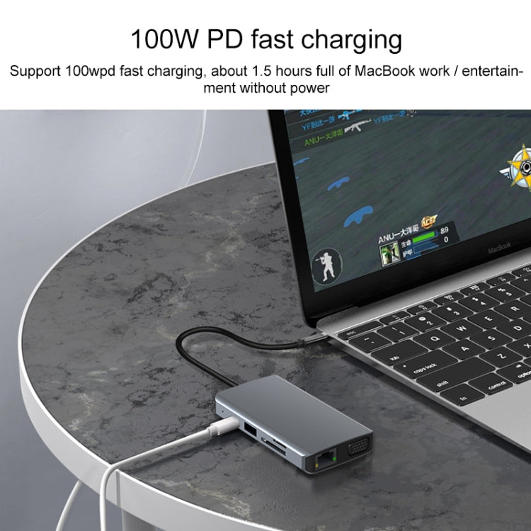 9 in 1 RJ45 + 100W PD + SD/TF + USBx2 + HDMI + VGA + 3.5mm AUX to Type-C HUB Adapter - USB HUB by PMC Jewellery | Online Shopping South Africa | PMC Jewellery | Buy Now Pay Later Mobicred