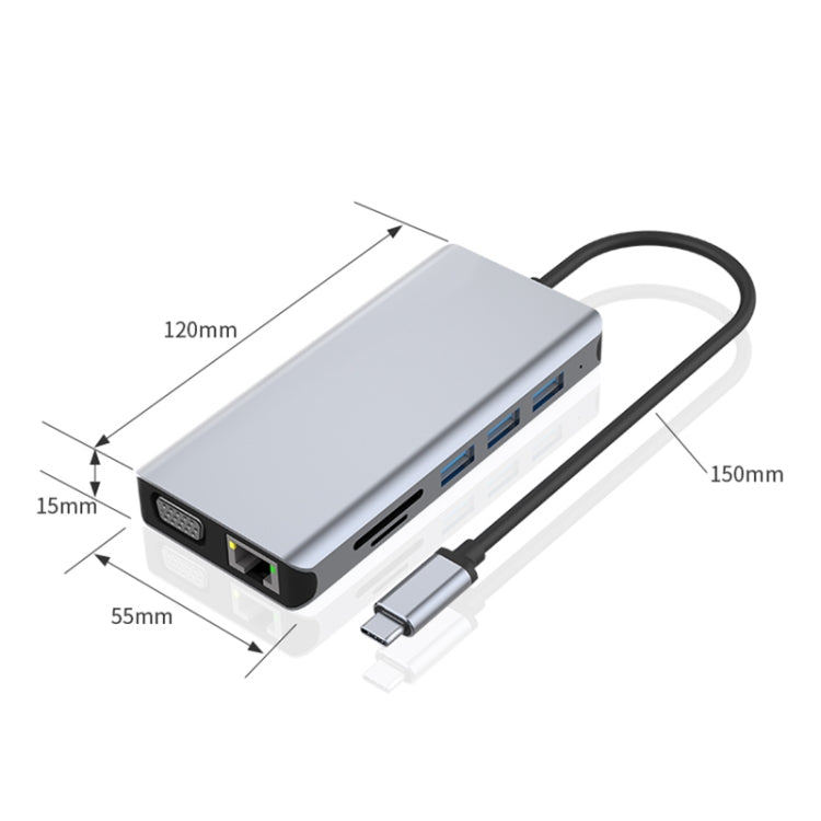 12 in 1 RJ45 + 100W PD + SD/TF + USB3.0x5+ HDMI + VGA + 3.5mm AUX to Type-C HUB Adapter - USB HUB by PMC Jewellery | Online Shopping South Africa | PMC Jewellery | Buy Now Pay Later Mobicred