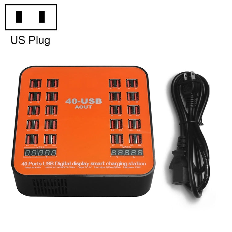 WLX-840 200W 40 Ports USB Digital Display Smart Charging Station AC100-240V, US Plug (Black+Orange) - Multifunction Charger by PMC Jewellery | Online Shopping South Africa | PMC Jewellery | Buy Now Pay Later Mobicred