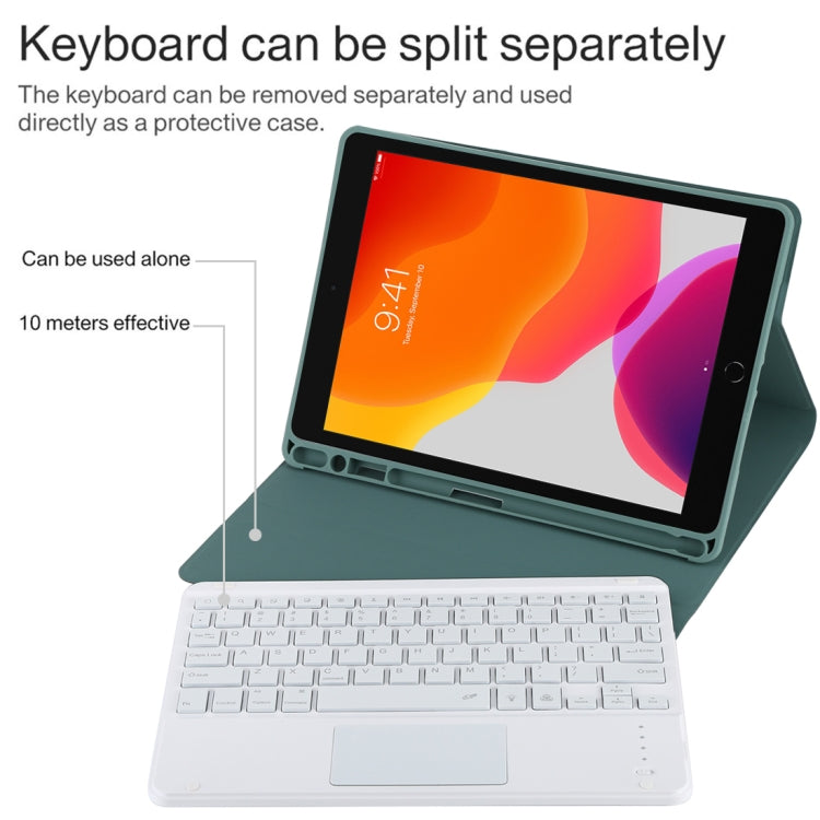 TG-102BCS Detachable Bluetooth White Keyboard + Microfiber Leather Tablet Case for iPad 10.2 inch / iPad Air (2019), with Touch Pad & Backlight & Pen Slot & Holder (Dark Green) - For iPad Air by PMC Jewellery | Online Shopping South Africa | PMC Jewellery