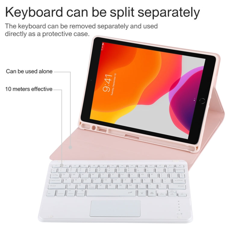 TG-102BCS Detachable Bluetooth White Keyboard + Microfiber Leather Tablet Case for iPad 10.2 inch / iPad Air (2019), with Touch Pad & Backlight & Pen Slot & Holder (Pink) - For iPad Air by PMC Jewellery | Online Shopping South Africa | PMC Jewellery