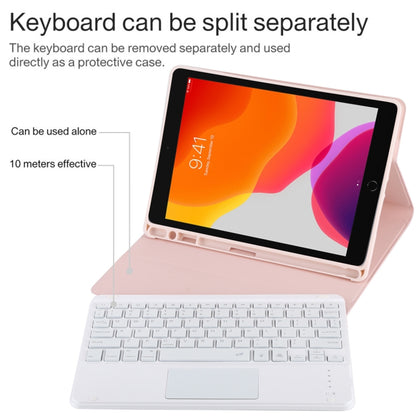 TG-102BCS Detachable Bluetooth White Keyboard + Microfiber Leather Tablet Case for iPad 10.2 inch / iPad Air (2019), with Touch Pad & Backlight & Pen Slot & Holder (Pink) - For iPad Air by PMC Jewellery | Online Shopping South Africa | PMC Jewellery