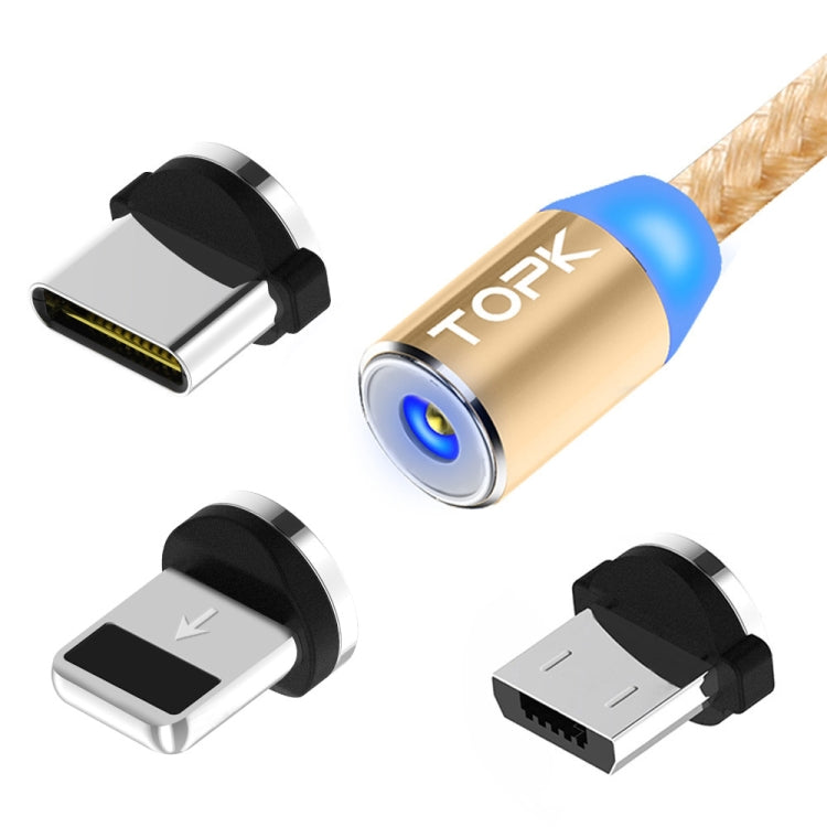 TOPK 1m 2.4A Max USB to 8 Pin + USB-C / Type-C + Micro USB Nylon Braided Magnetic Charging Cable with LED Indicator(Gold) - Charging Cable & Head by TOPK | Online Shopping South Africa | PMC Jewellery | Buy Now Pay Later Mobicred