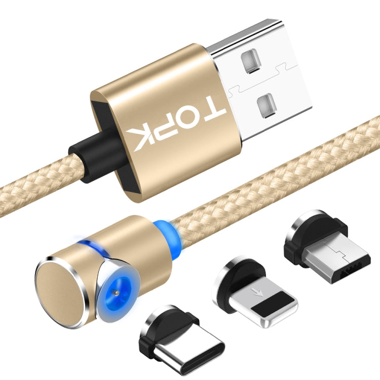 TOPK AM30 2m 2.4A Max USB to 8 Pin + USB-C / Type-C + Micro USB 90 Degree Elbow Magnetic Charging Cable with LED Indicator(Gold) - Charging Cable & Head by TOPK | Online Shopping South Africa | PMC Jewellery | Buy Now Pay Later Mobicred