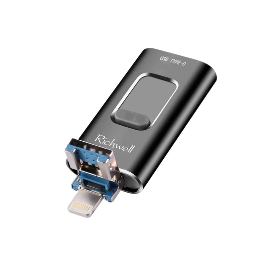 Richwell 3 in 1 64G Type-C + 8 Pin + USB 3.0 Metal Push-pull Flash Disk with OTG Function(Black) - U Disk & Card Reader by Richwell | Online Shopping South Africa | PMC Jewellery | Buy Now Pay Later Mobicred