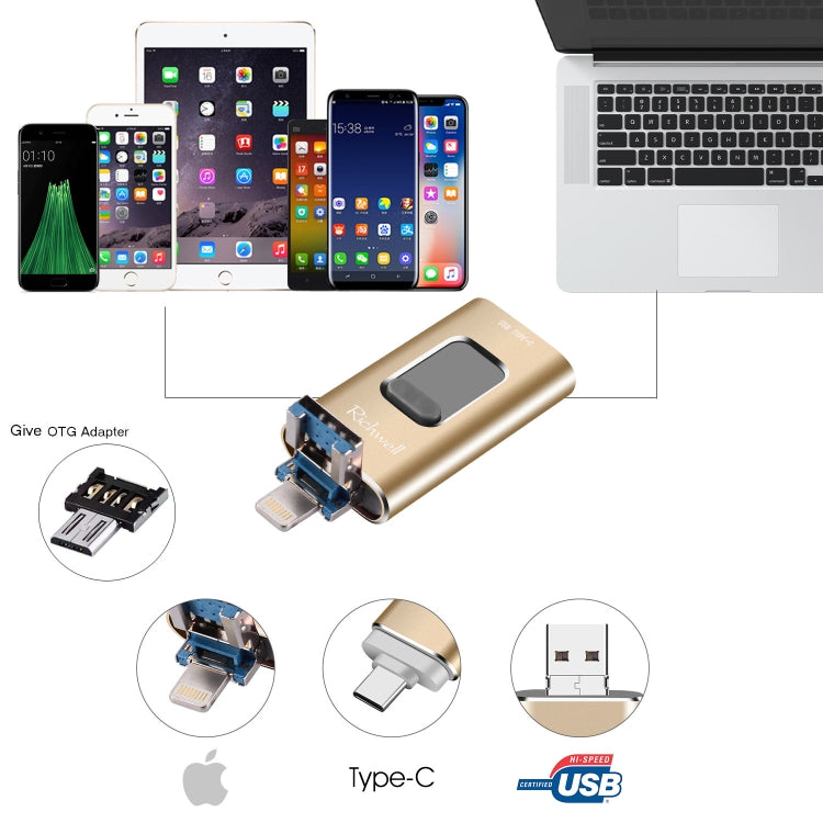 Richwell 3 in 1 128G Type-C + 8 Pin + USB 3.0 Metal Push-pull Flash Disk with OTG Function(Black) - free shipping - PMC Jewellery - Order now!