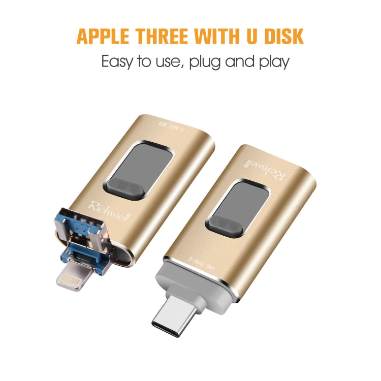 Richwell 3 in 1 128G Type-C + 8 Pin + USB 3.0 Metal Push-pull Flash Disk with OTG Function(Black) - free shipping - PMC Jewellery - Order now!
