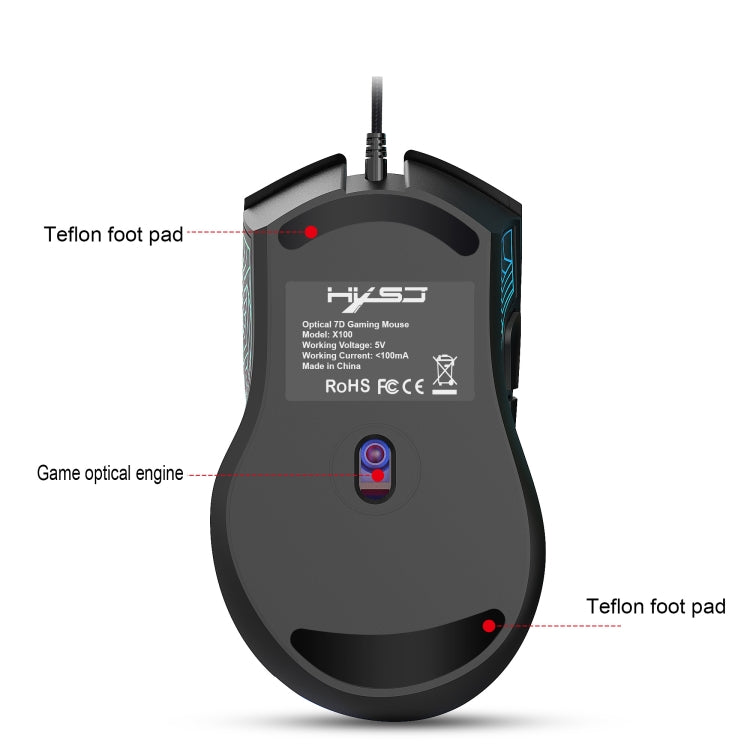 HXSJ X100 7-buttons 3600 DPI Cool Glowing Wired Gaming Mouse, Cable Length: 1.5m (Black) - Wired Mice by HXSJ | Online Shopping South Africa | PMC TechLife | Buy Now Pay Later Mobicred
