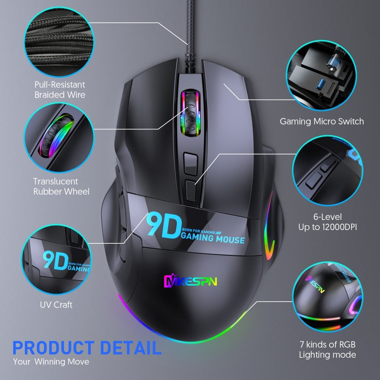 MKESPN X10 9-Buttons RGB Wired Macro Definition Gaming Mouse - Wired Mice by MKESPN | Online Shopping South Africa | PMC Jewellery | Buy Now Pay Later Mobicred