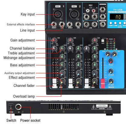 F4 Home 4-channel Bluetooth USB Reverb Mixer, EU Plug (Black) - Live Sound Effects Processors by PMC Jewellery | Online Shopping South Africa | PMC Jewellery | Buy Now Pay Later Mobicred