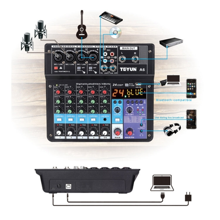 TEYUN NA6 6-channel Small Mixing Console Mobile Phone Sound Card Live Broadcast Computer Recording Console Processor, US Plug(Black) - Live Sound Effects Processors by TEYUN | Online Shopping South Africa | PMC Jewellery | Buy Now Pay Later Mobicred