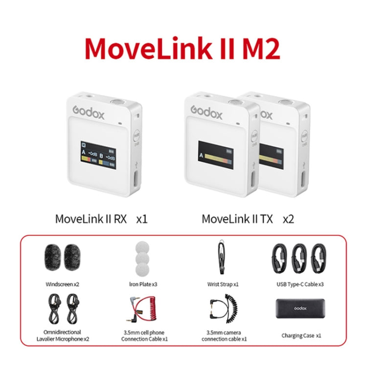 Godox MoveLink II M2 Wireless Lavalier Microphone System with 2 Transmitters and 1 Receiver for DSLR Cameras and Camcorders (White) - Camera Microphone by Godox | Online Shopping South Africa | PMC Jewellery | Buy Now Pay Later Mobicred