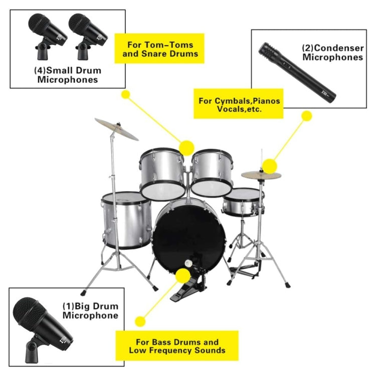 XTUGA DI7 7-Piece Wired Dynamic Drum Mic Kit Kick Bass Tom/Snare Cymbals Microphone Set with XLR Cables - Microphone by XTUGA | Online Shopping South Africa | PMC Jewellery | Buy Now Pay Later Mobicred