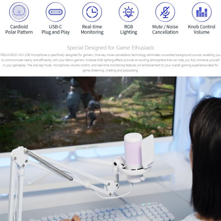 FEELWORLD VM1 USB Condenser Gaming Microphone for Streaming Noise Cancellation Mute RGB Light Boom Arm Stand (White) - Microphone by FEELWORLD | Online Shopping South Africa | PMC TechLife | Buy Now Pay Later Mobicred