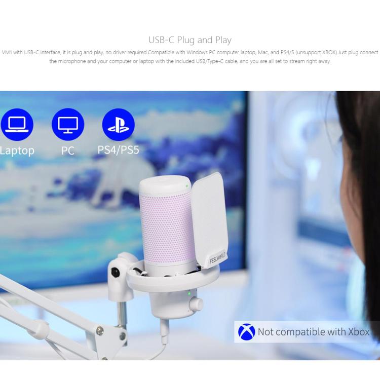 FEELWORLD VM1 USB Condenser Gaming Microphone for Streaming Noise Cancellation Mute RGB Light Boom Arm Stand (White) - Microphone by FEELWORLD | Online Shopping South Africa | PMC TechLife | Buy Now Pay Later Mobicred