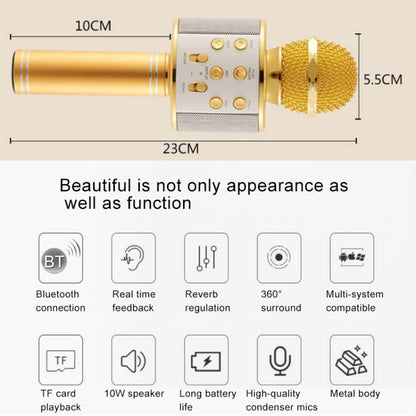 WS-858 Metal High Sound Quality Handheld KTV Karaoke Recording Bluetooth Wireless Microphone, for Notebook, PC, Speaker, Headphone, iPad, iPhone, Galaxy, Huawei, Xiaomi, LG, HTC and Other Smart Phones(Gold) - Microphone by PMC Jewellery | Online Shopping South Africa | PMC Jewellery | Buy Now Pay Later Mobicred