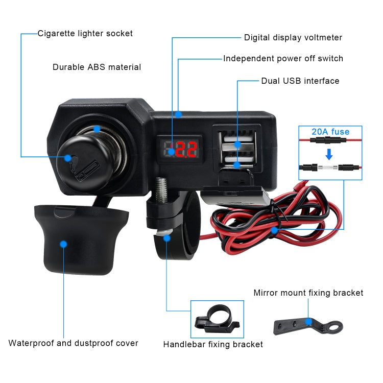 CS-1072B1 Motorcycle Dual USB Charger + Voltmeter with Cigarette Lighter & Cigarette Butts (Black) - Battery Charger by PMC Jewellery | Online Shopping South Africa | PMC Jewellery | Buy Now Pay Later Mobicred